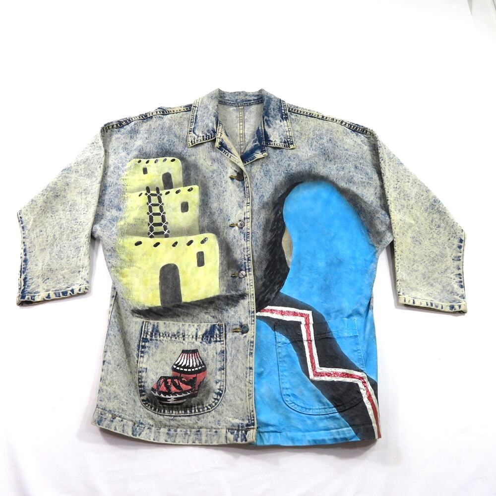 Southwest Native Design Painted Jean Jacket, Blue Sz XL? 1980s
